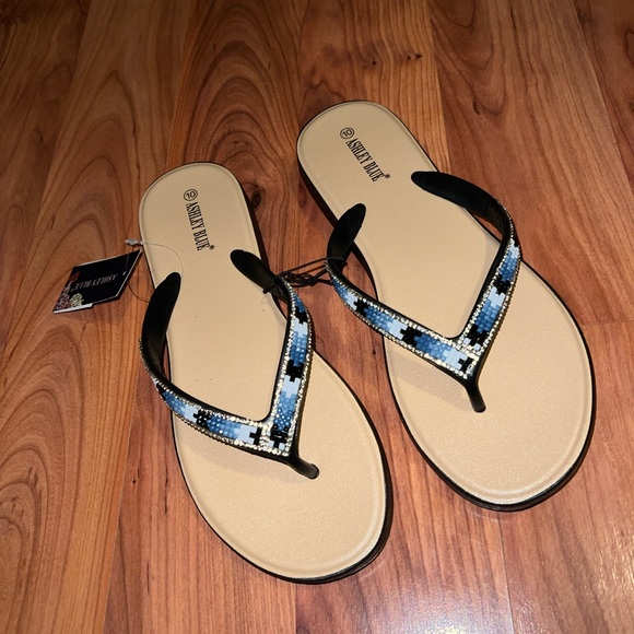 Blue and Black beaded and rhinestone embellished Flip Flops Sandals - Picture 6 of 11
